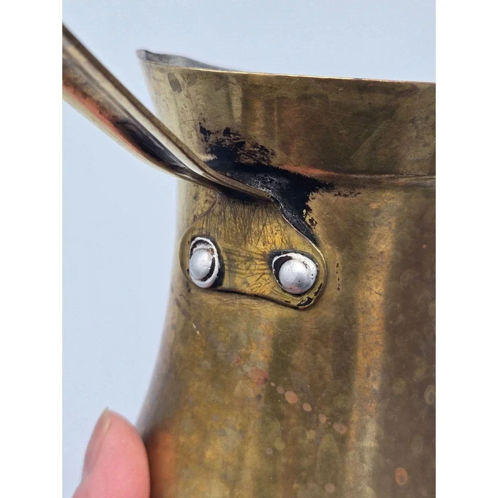 Vintage Brass Turkish Coffee Pot Ibrik Tin-Lined Brass Handle Deep Patina Rustic